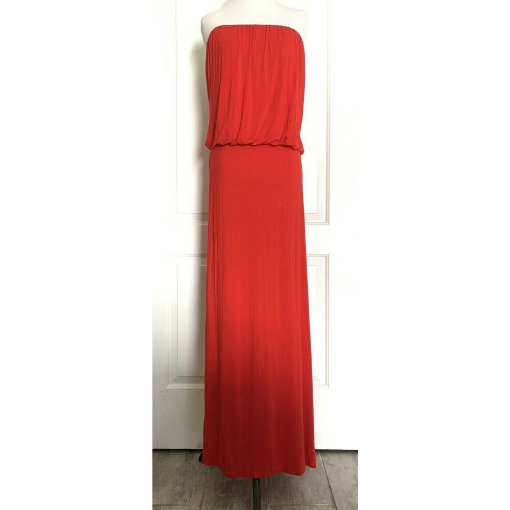 ANGL Los Angeles Boutique Red Maxi Rayon Strapless Blouson Dress Stretch M